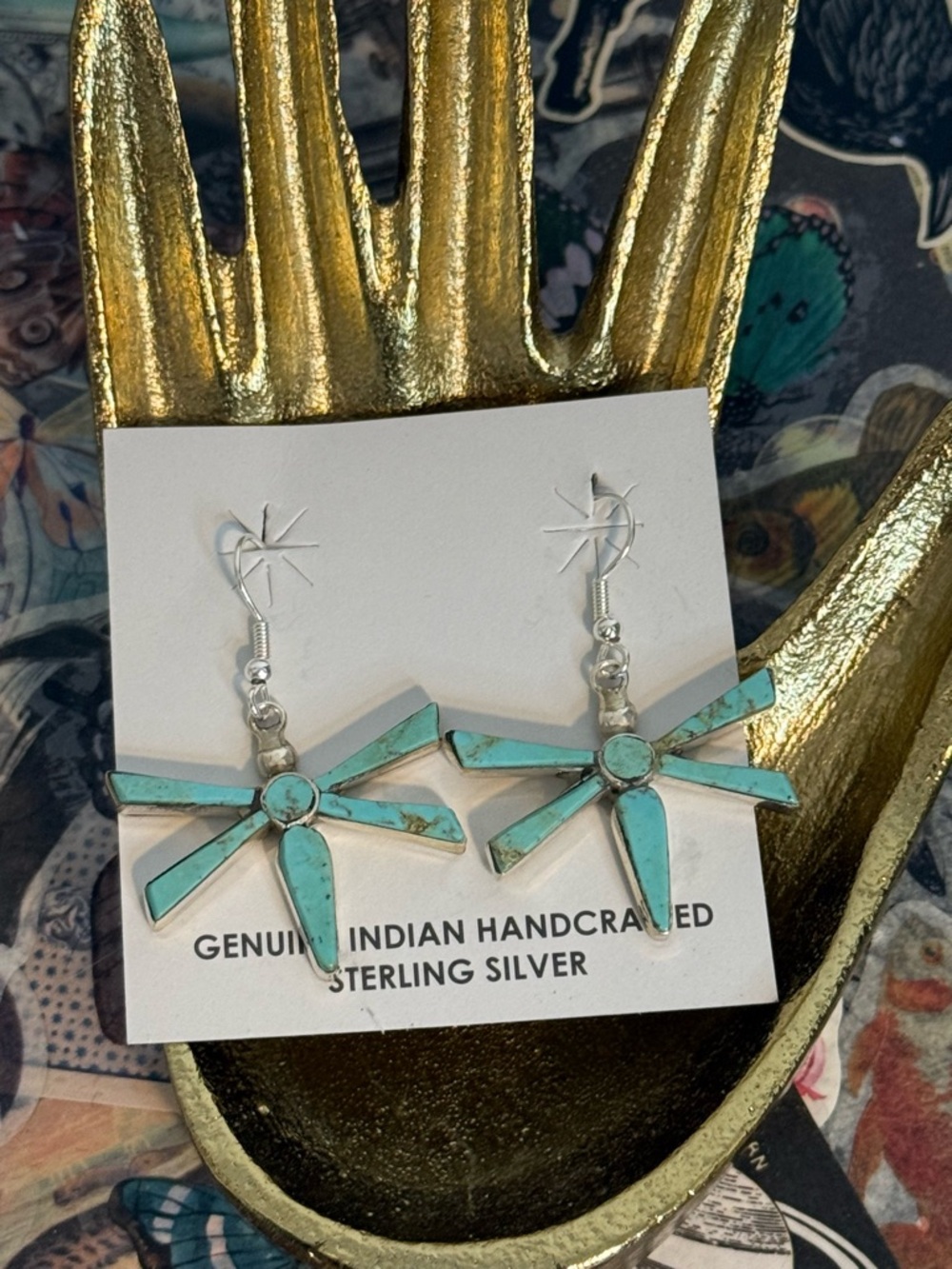 Steve Francisco Navajo Made Kingman Turquoise Sterling Silver Dragonfly Earrings